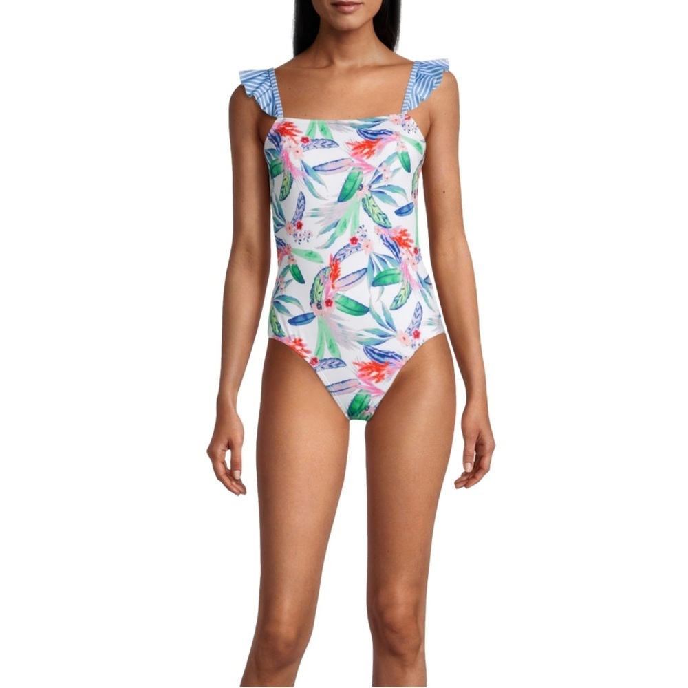 Outdoor Oasis One Piece Swimsuit Women's Sz Small White Tropical NWT - Picture 2 of 10